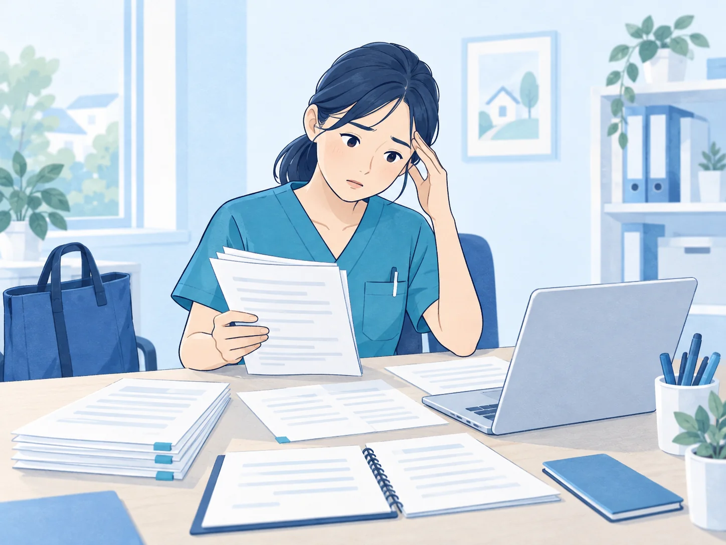 訪問記録と報告書を前に、まとめ直しに悩む訪問看護師のイラスト