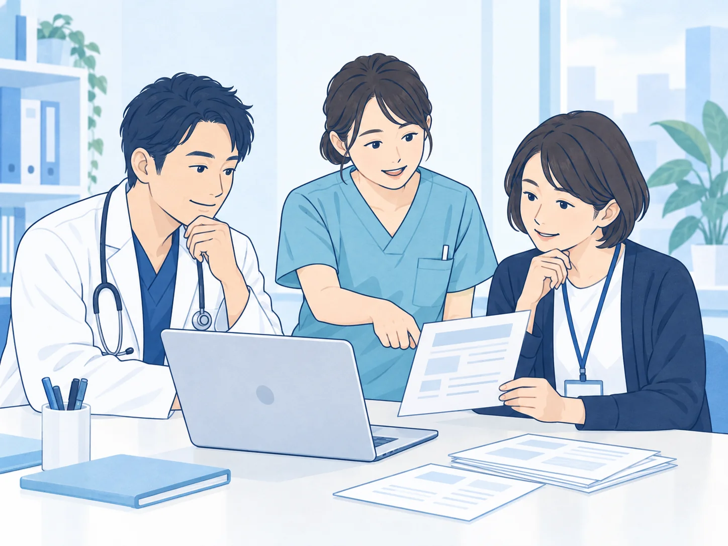医師・看護師・ケアマネジャーが共通の文書形式を相談するイラスト